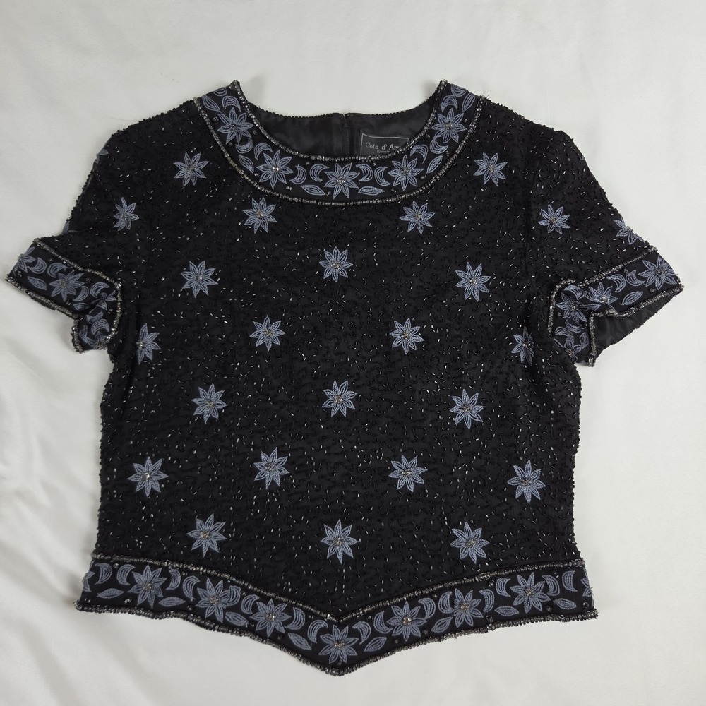Cote d'Azur black silk  beaded Evening top size L Vtg 80s